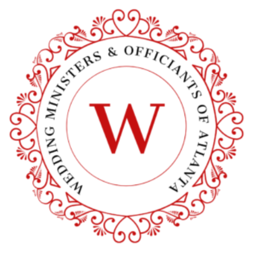 Red circular Wedding Ministers & Officiants of Atlanta Logo with a 'W' in the center.